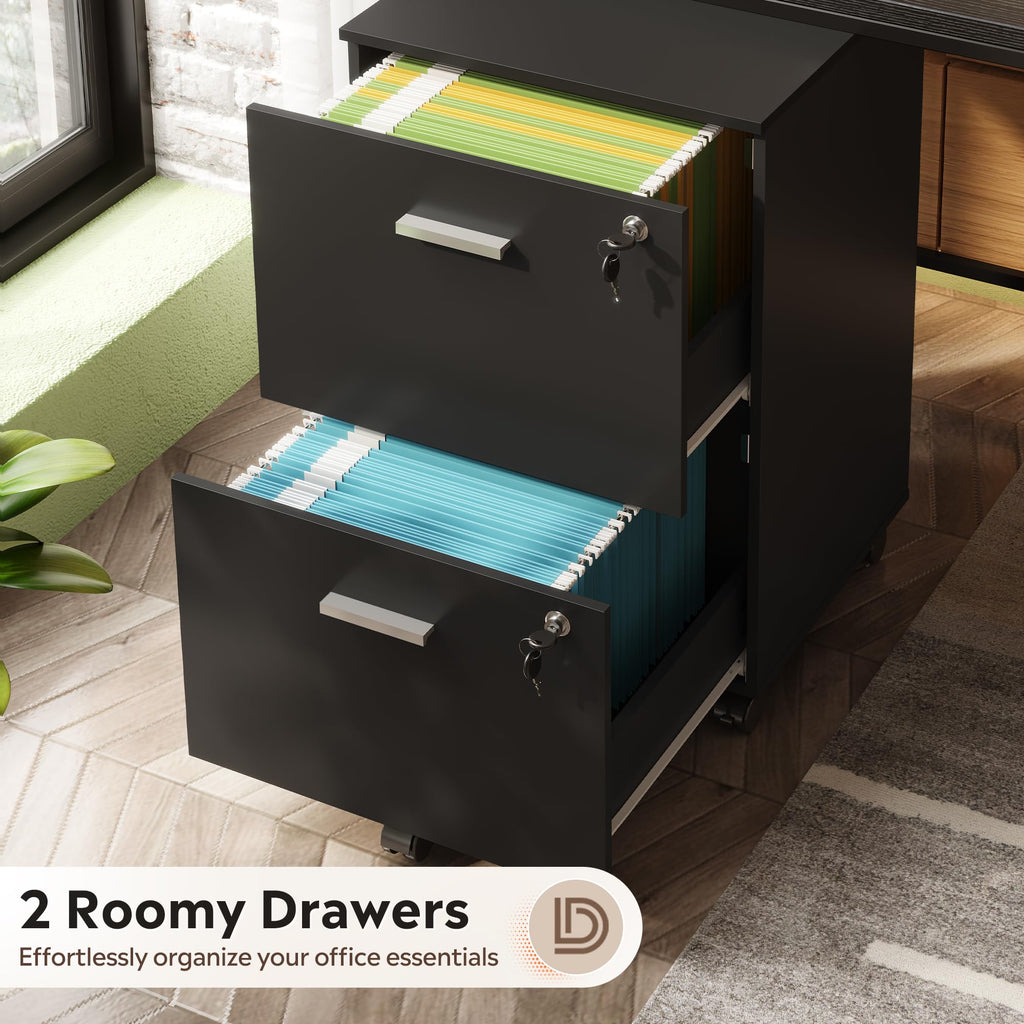 2 Drawer Wood File Cabinet with Lock, Black Y353975