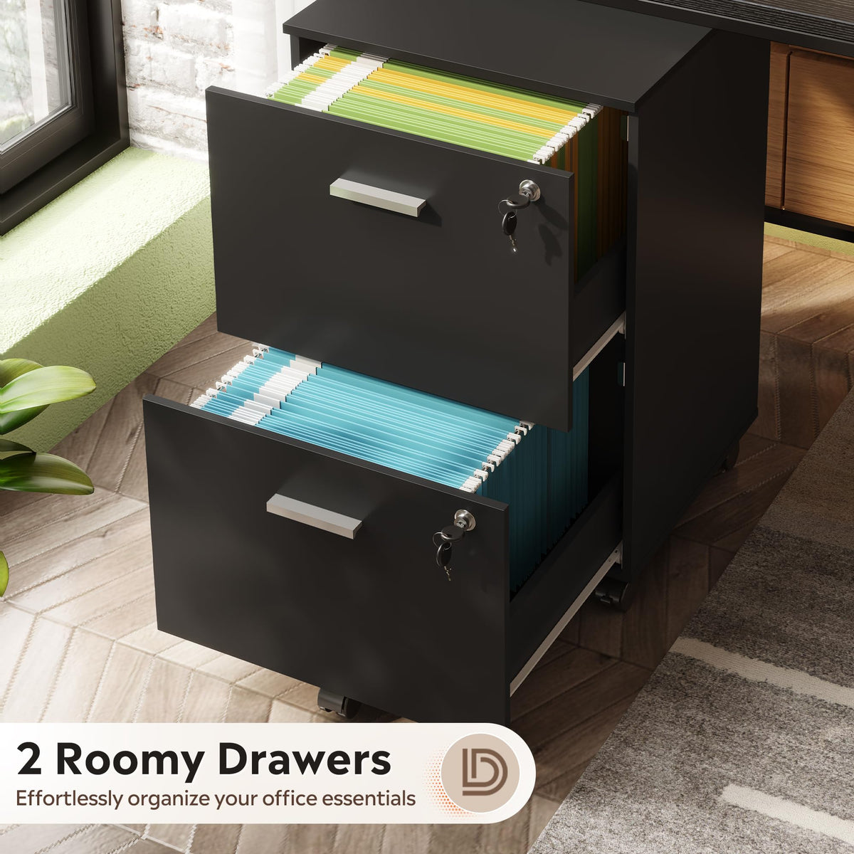 2 Drawer Wood File Cabinet with Lock, Black Y353975