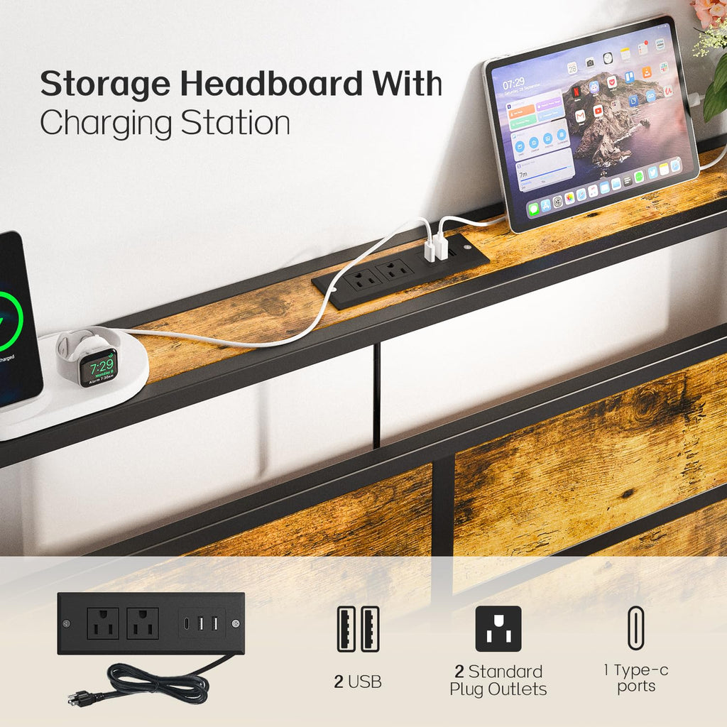 Full Size Platform Bed Frame with Charging Station Headboard and LED Lights O18231