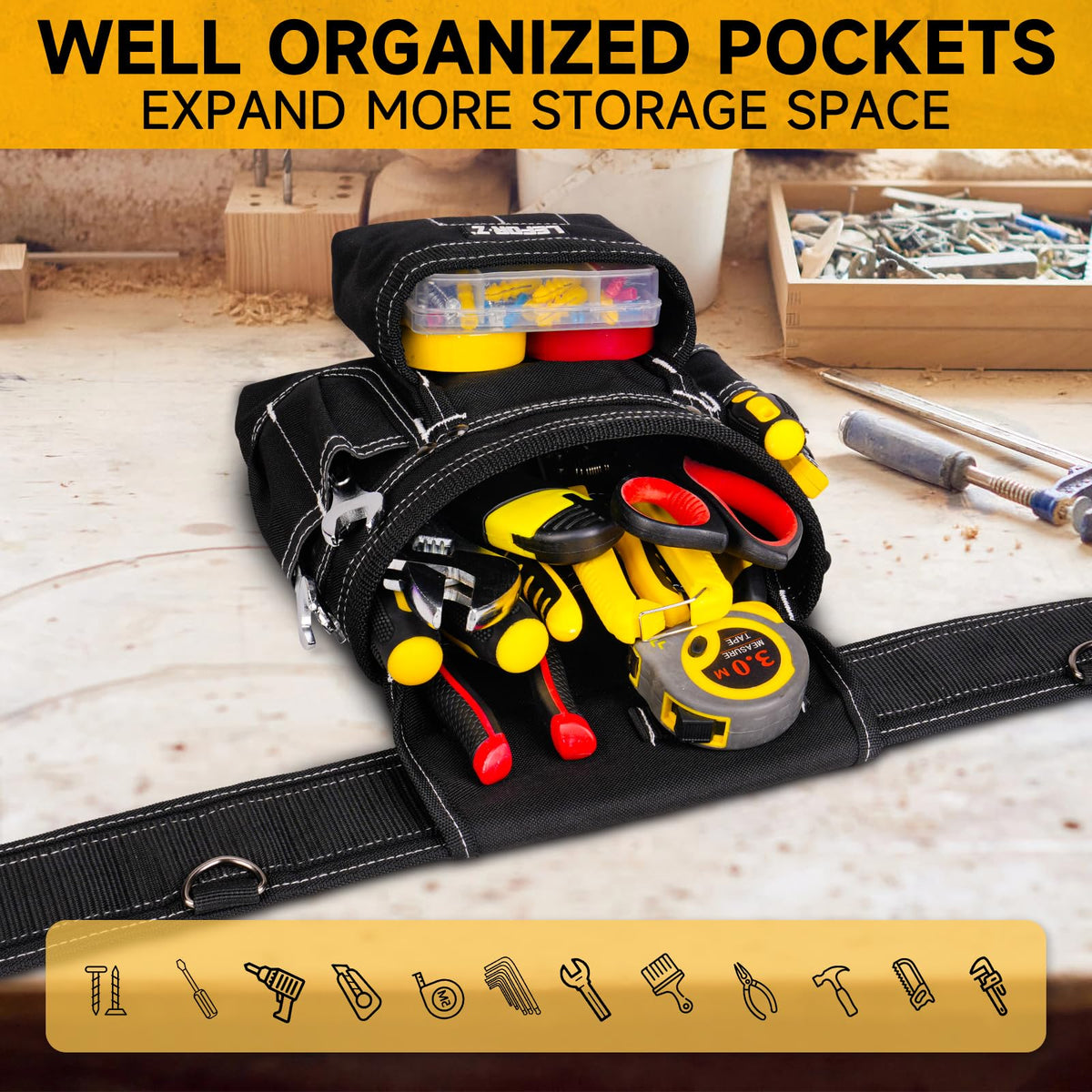 Tool Belt with 4 D-Rings, 27-Pockets K9233