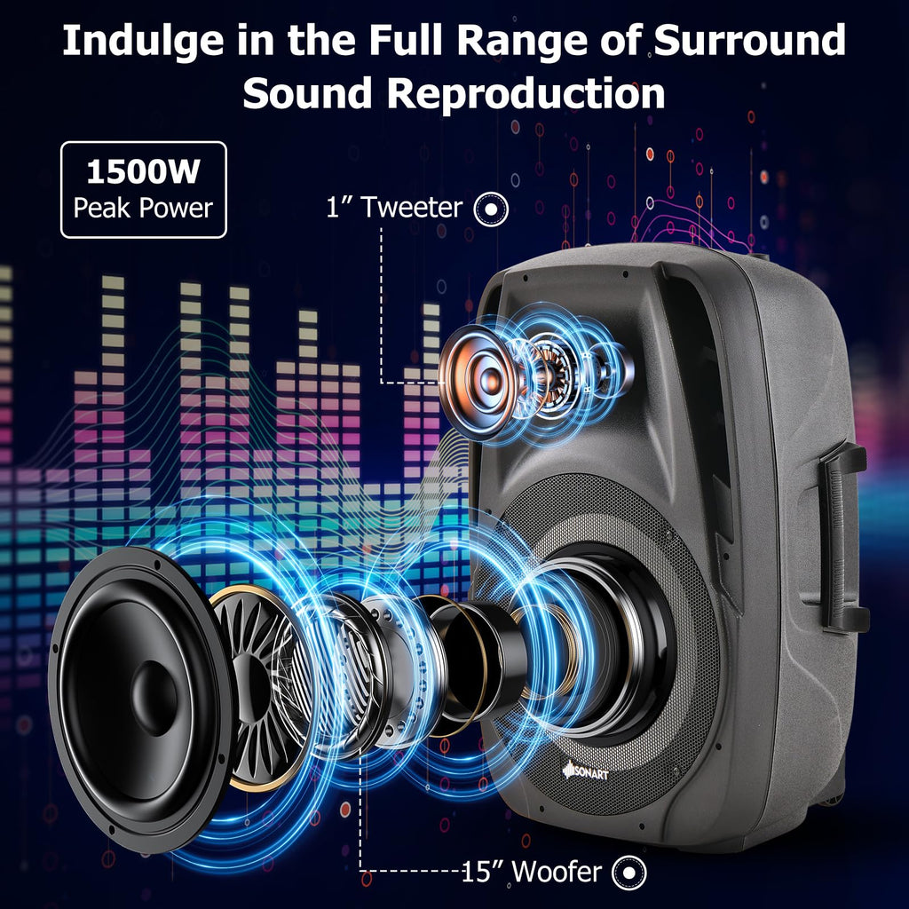 Portable 15" 1500W 2-Way Bluetooth PA Speaker System Set with Stand K458