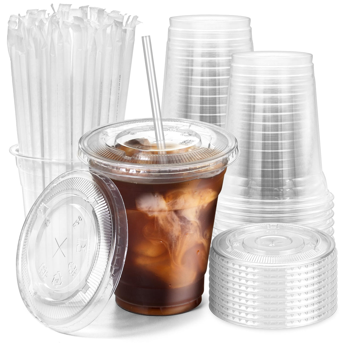 12 oz Clear Plastic Cups with Lids and Straws Y2604