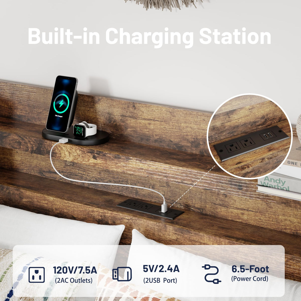 Queen Bed Frame with Storage Headboard and Charging Station J251