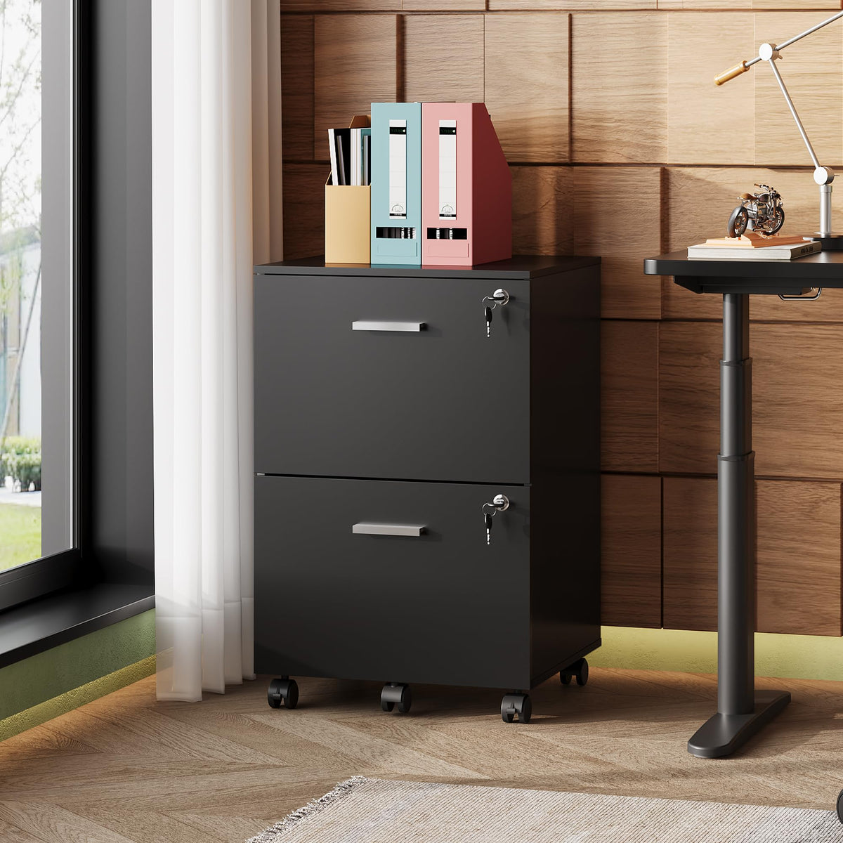 2 Drawer Wood File Cabinet with Lock, Black Y353975