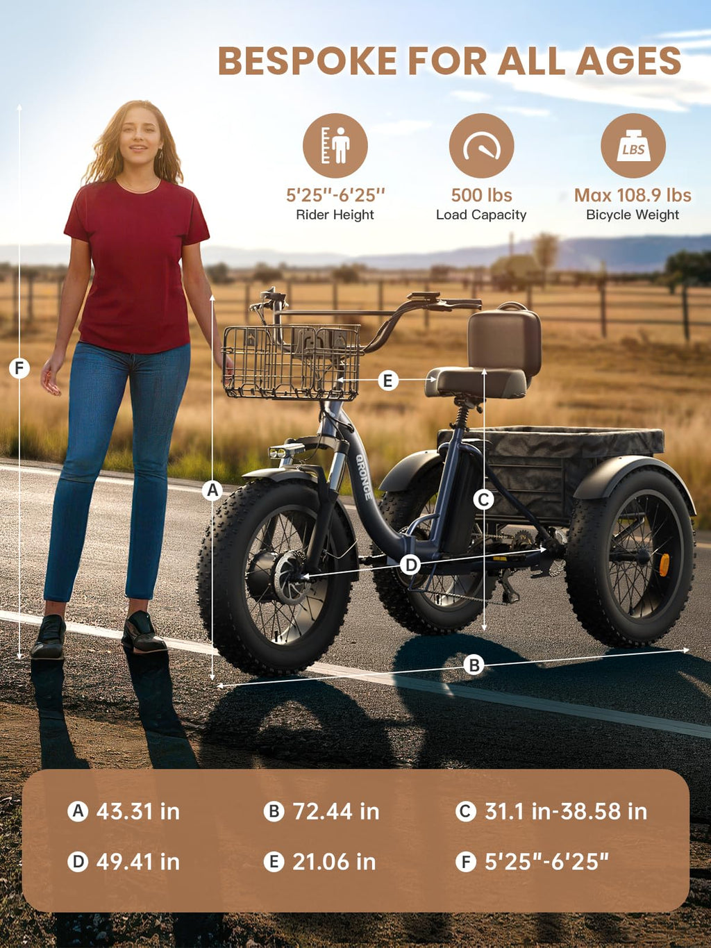 Electric Tricycle for Adults 1200W 36V 20AH Fat Tire Folding D679949