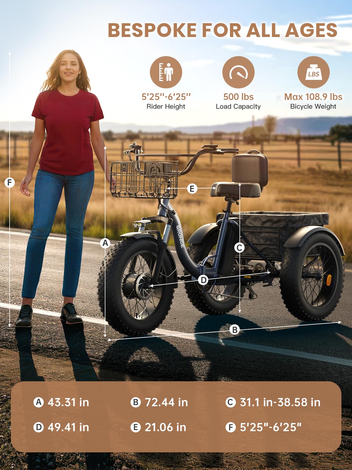 Electric Tricycle for Adults 1200W 36V 20AH Fat Tire Folding D679949