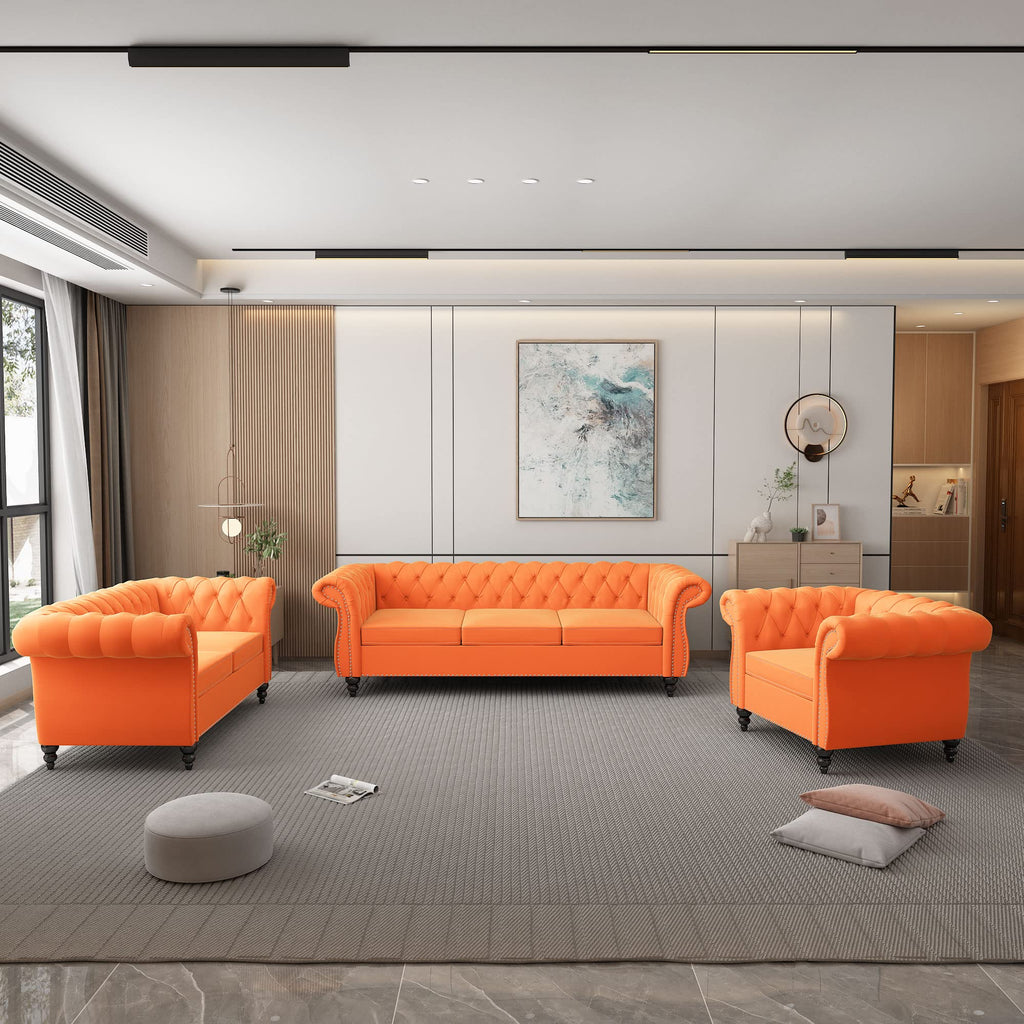 Orange Velvet Chesterfield Sofa Loveseat and Chair H807887