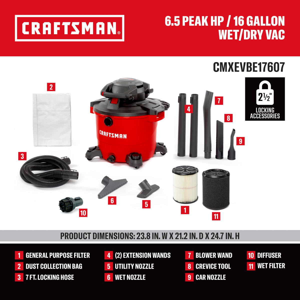 16 Gallon 6.5 Peak HP Wet Dry Vac with Detachable Blower Y367631