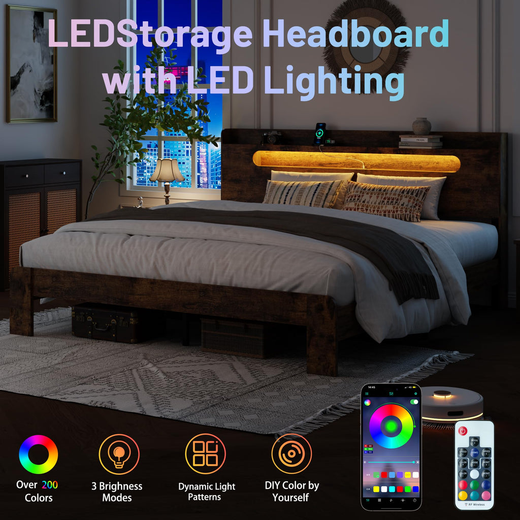 Queen Bed Frame with Storage Headboard and Charging Station J251