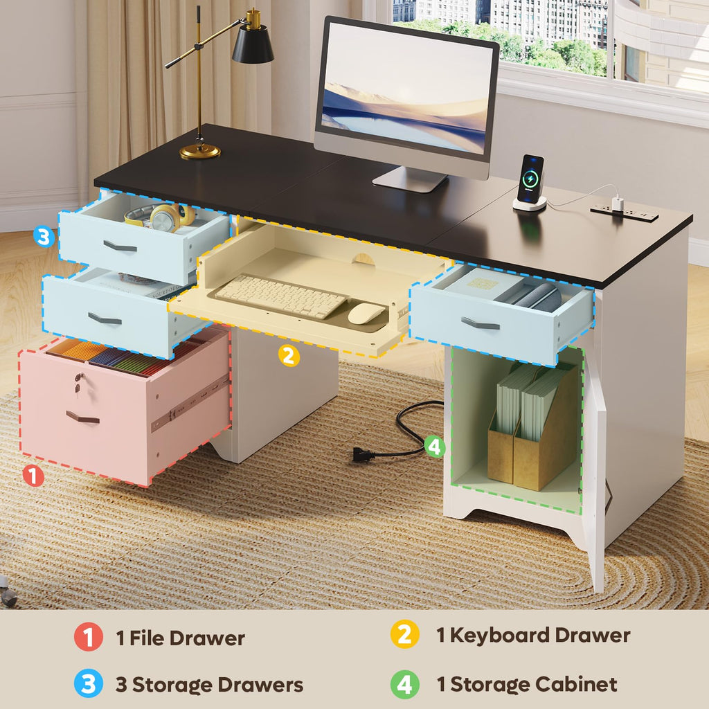 White Office Desk with Lockable Drawers and Charging Station Z882