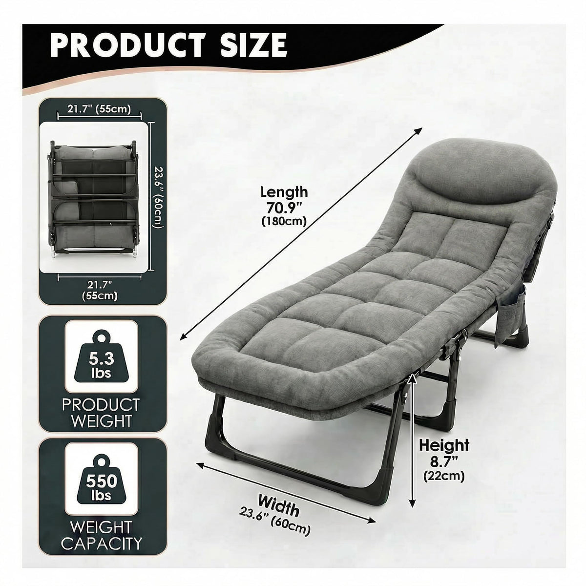 Folding Camping Cot with Mattress and Pillow, Grey K6723