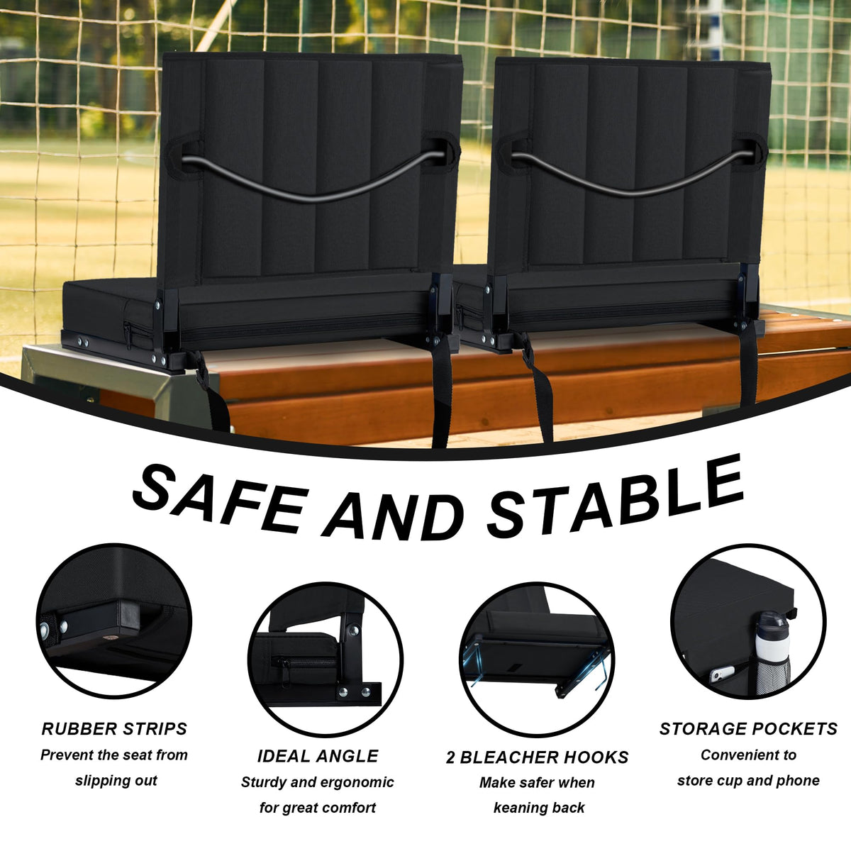 Black Padded Portable Folding Stadium Seat with Back Support and Cup Holder Z82087