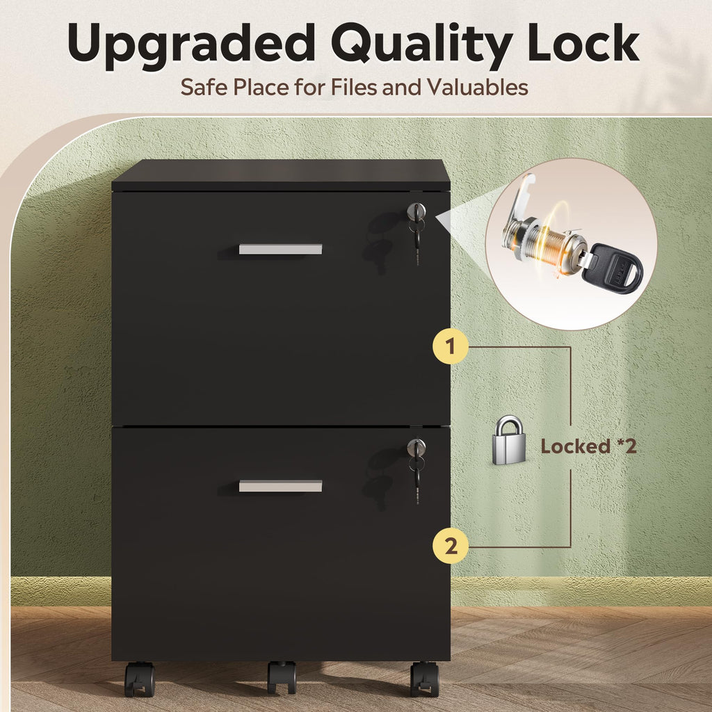 2 Drawer Wood File Cabinet with Lock, Black Y353975
