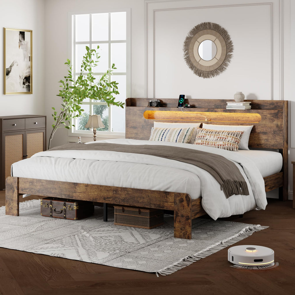 Queen Bed Frame with Storage Headboard and Charging Station J251