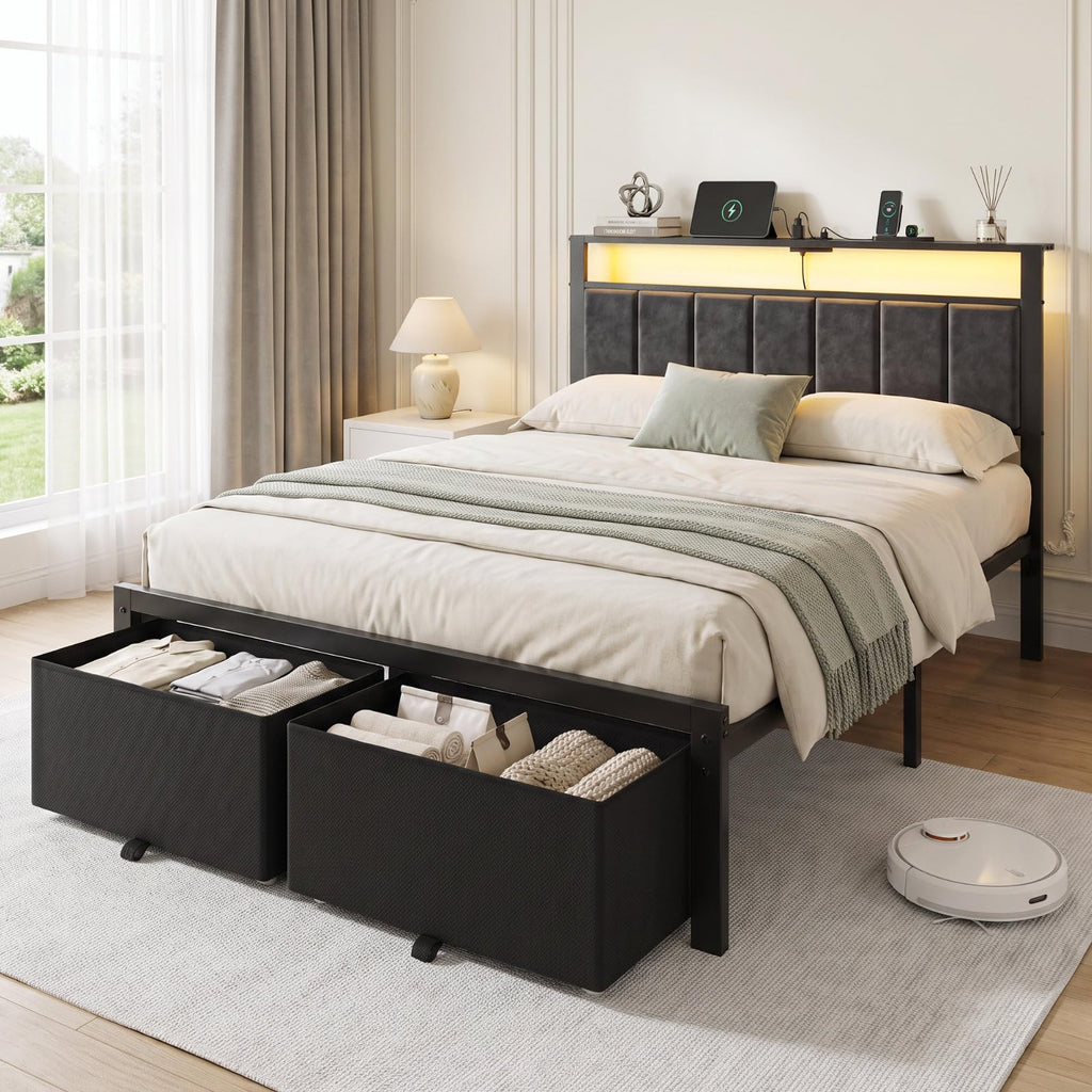 Full Size Bed Frame with Upholstered Headboard and 2 Storage Drawers P6785