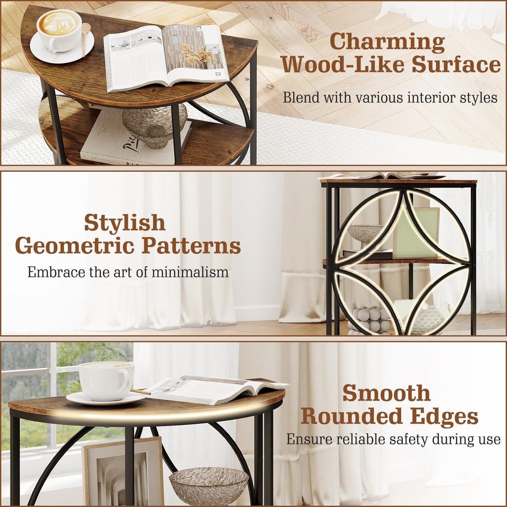 Half Round 3-Tier Sofa Side Table with Storage Shelves O45928