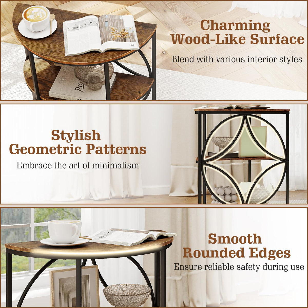 Half Round 3-Tier Sofa Side Table with Storage Shelves O45928