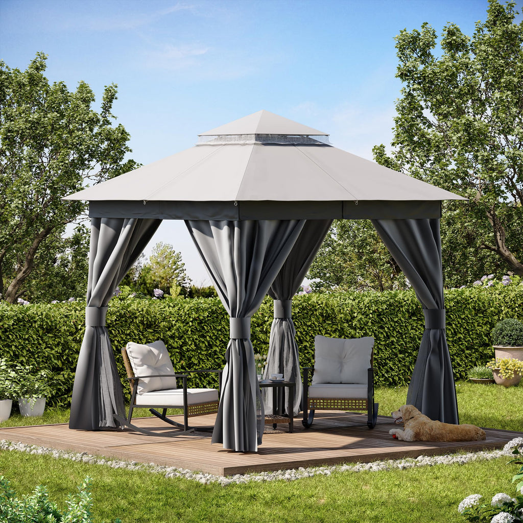 8'x8' Heavy Duty Patio Gazebo with Double Roofs, Mosquito Nettings and Privacy Screens M825052