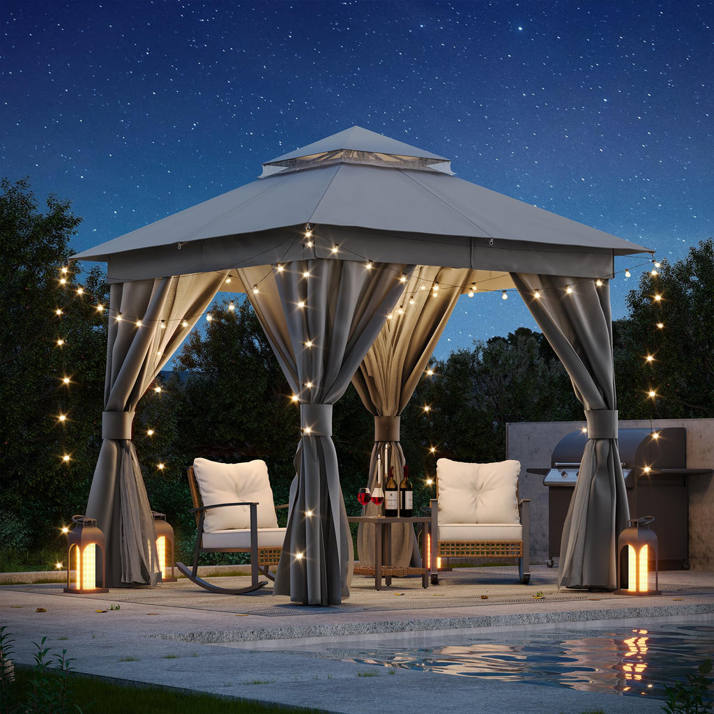 8'x8' Heavy Duty Patio Gazebo with Double Roofs, Mosquito Nettings and Privacy Screens M825052