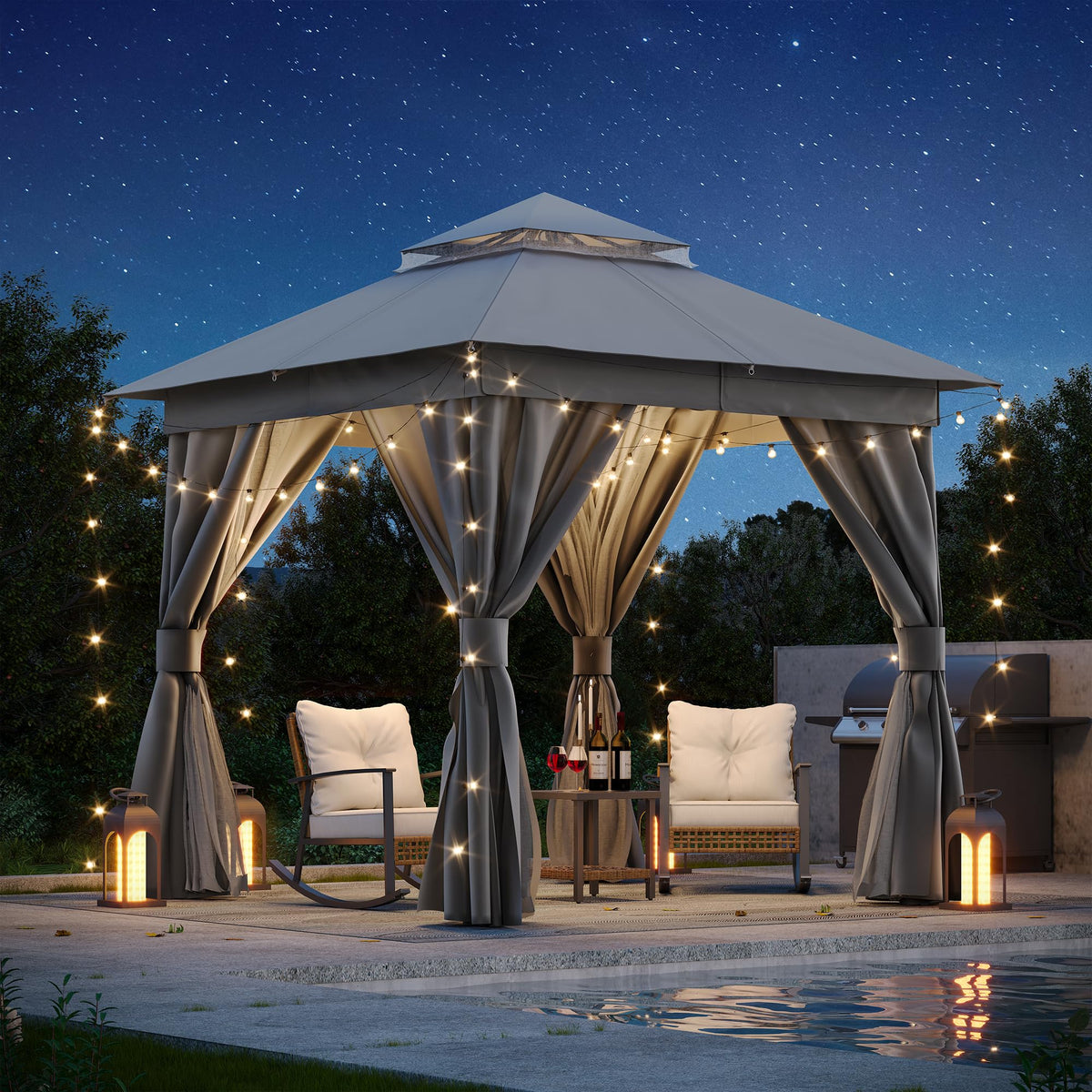 8'x8' Heavy Duty Patio Gazebo with Double Roofs, Mosquito Nettings and Privacy Screens M825052