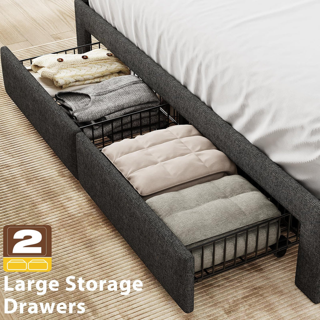 Queen Bed Frame with 2 Storage Drawers and Upholstered Headboard N622