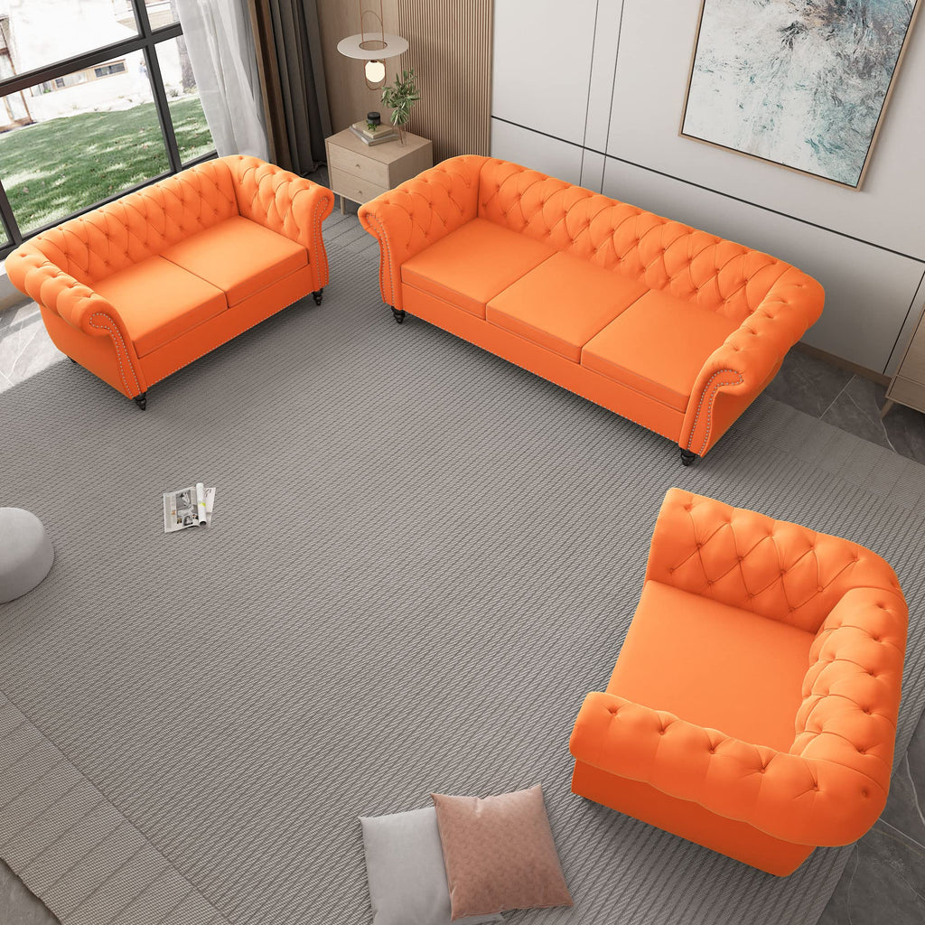 Orange Velvet Chesterfield Sofa Loveseat and Chair H807887
