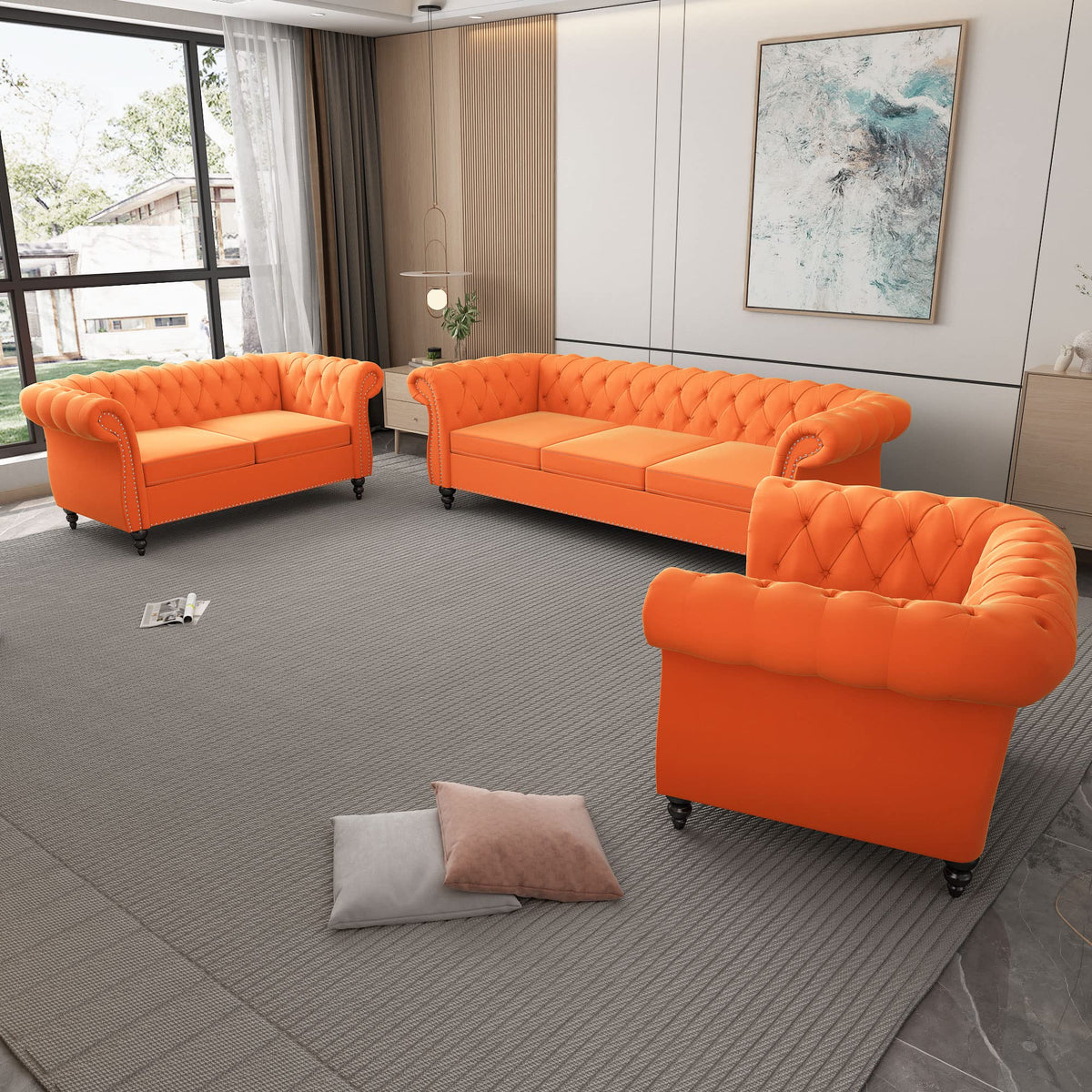 Orange Velvet Chesterfield Sofa Loveseat and Chair H807887